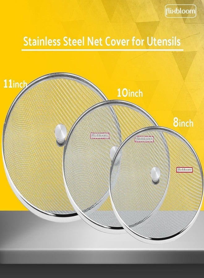 FLIXBLOOM طقم أغطية طعام شبكية خاصة من الفولاذ المقاوم للصدأ من فليكس بلوم، 3 قطع، متعددة الاستخدامات للأواني/أدوات الطبخ/القدر/المقلاة/الوعاء/القدور، مقاسات 8 و10 و11 بوصة. - Image 4